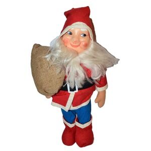 1950s Plastic Face Santa Claus Doll 17" Plush Beard Felt Red Christmas Suit Vtg